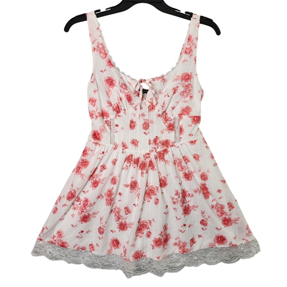 White Red Rose Floral Rose Mini Dress Women XL Lace Trim Coquette Cottagecore